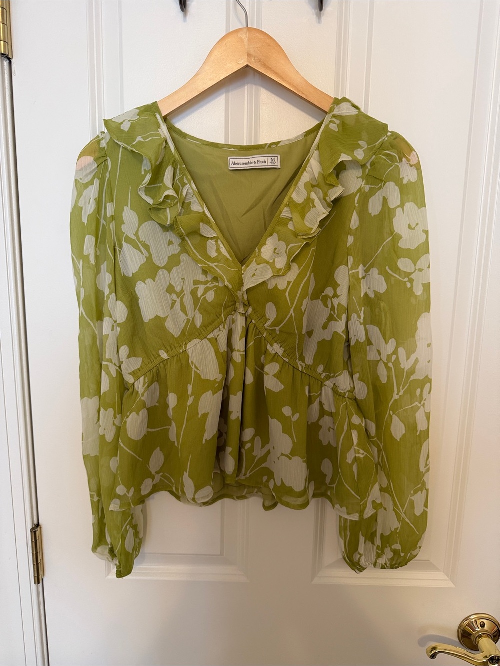 Abercrombie & Fitch Olive Green and White Floral Ruffled V-Neck Blouse